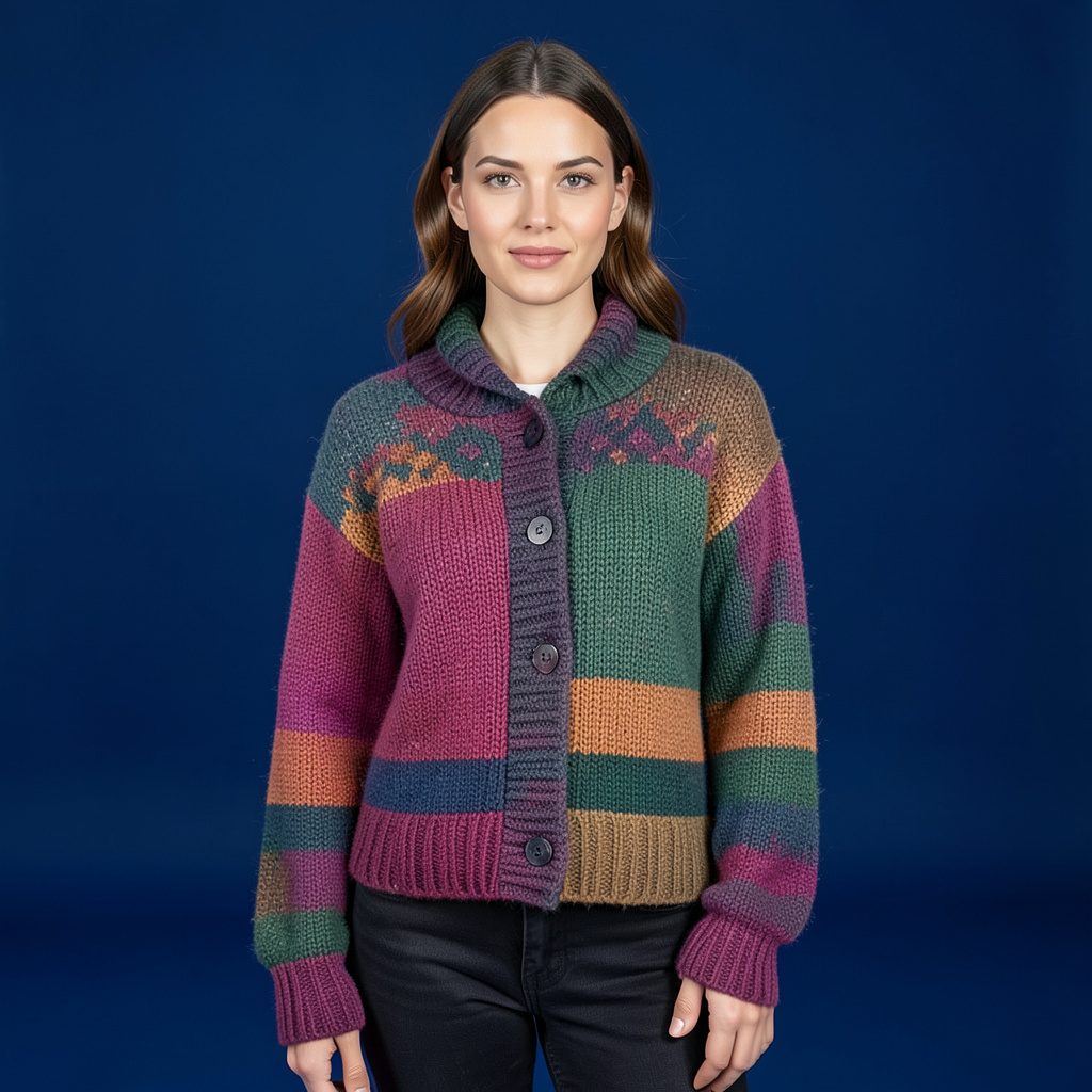 Pull en mailles colorées plié sur fond neutre, tons chauds et doux
