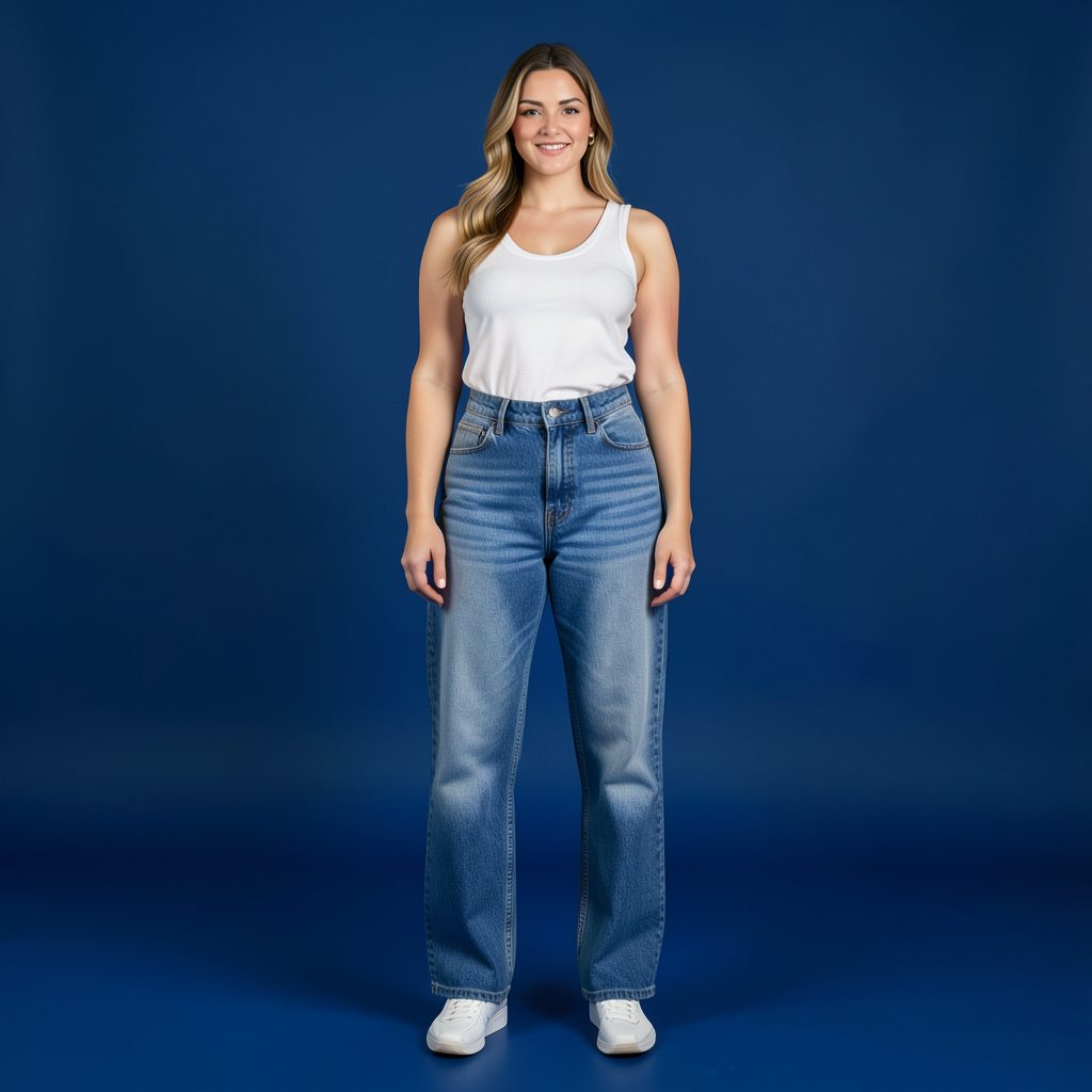 Pantalon en jean clair présenté à plat sur fond blanc, style studio minimaliste