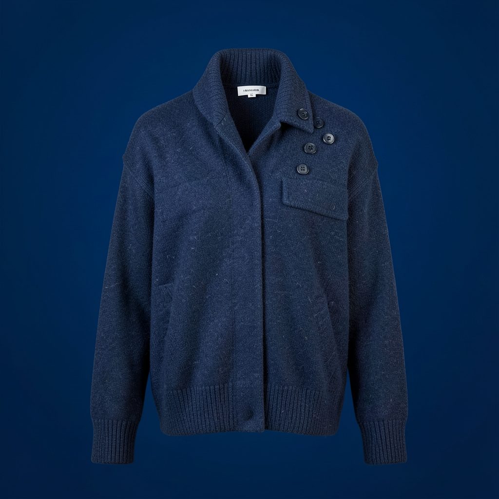Pull en laine marine avec boutons sur l'épaule posé à plat sur fond clair