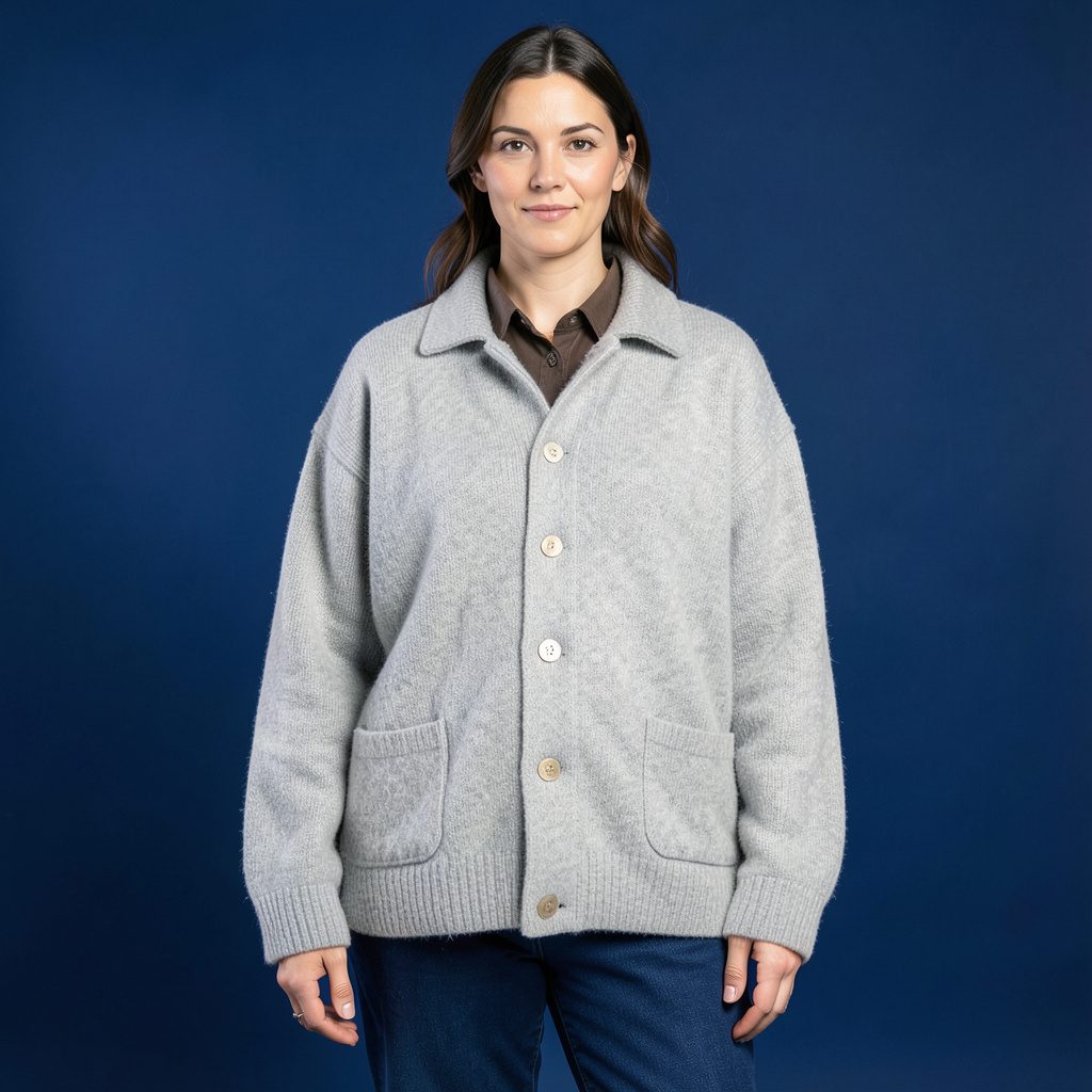 Pull oversize gris clair mélangé posé sur fond neutre, ambiance sobre de studio