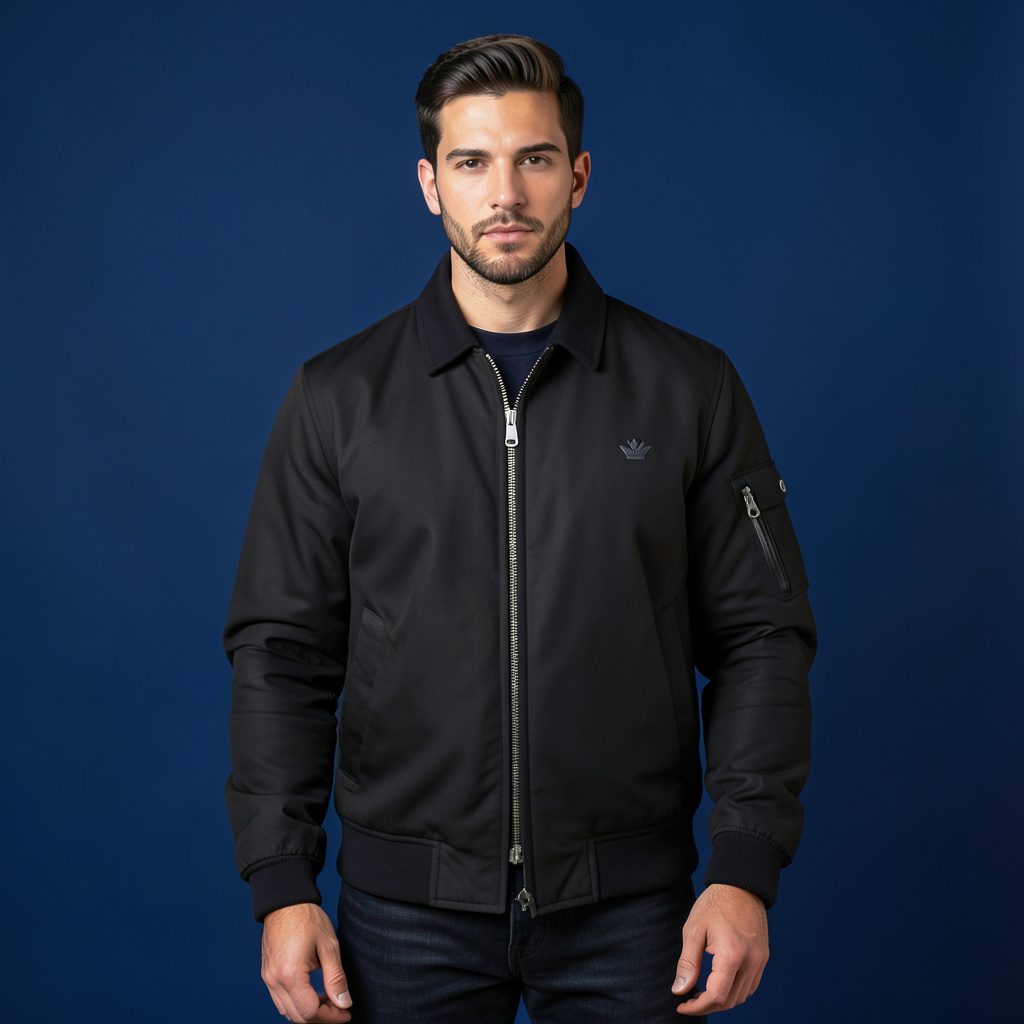 Veste bombardier noire à col cheminée zippé posée sur fond gris, style studio épuré