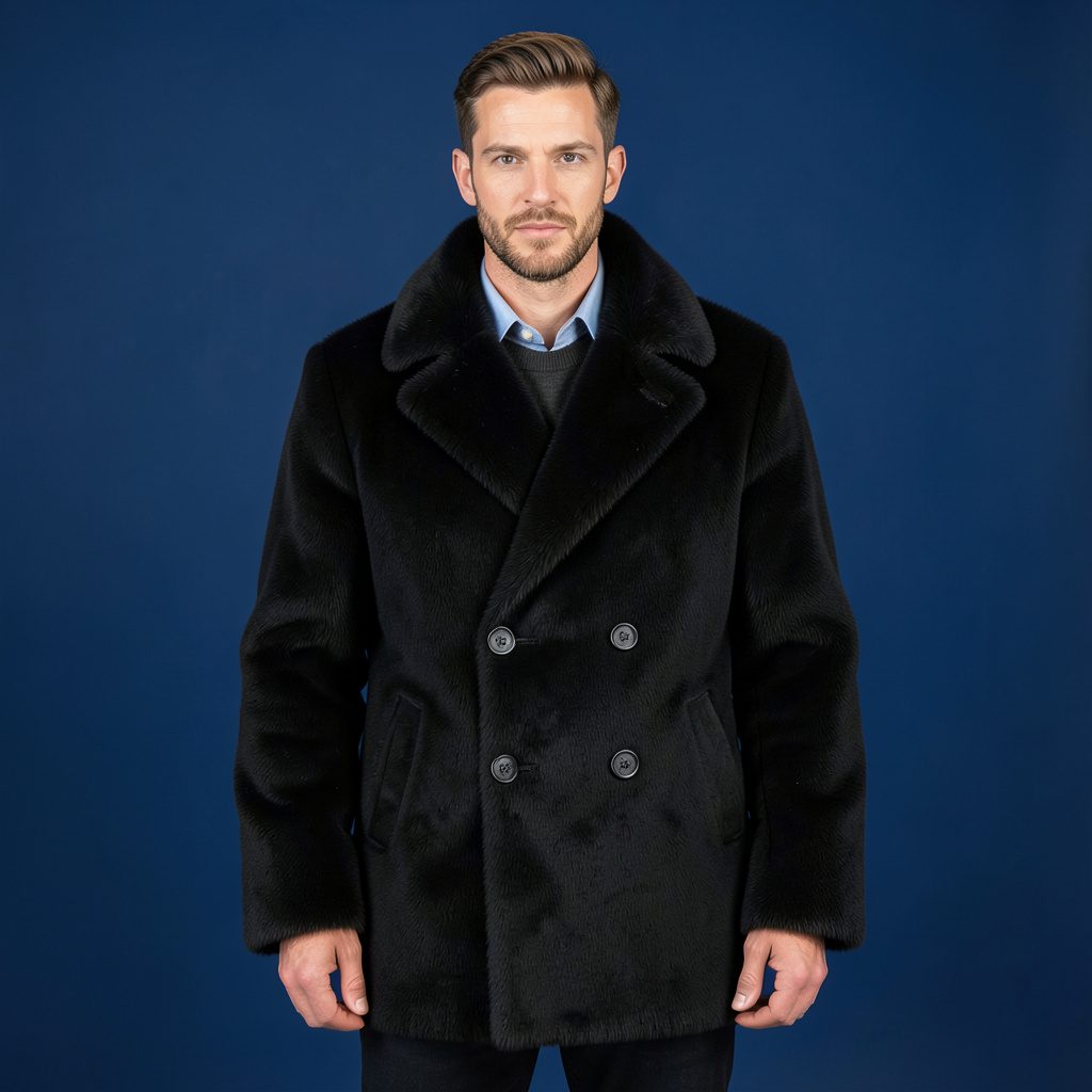 Manteau noir ample posé sur un buste de studio, fond neutre, ambiance sobre et élégante