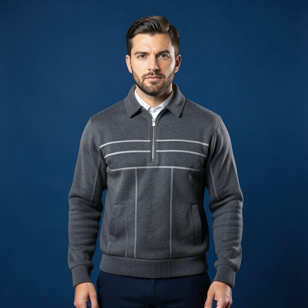 Pull rayé en tons anthracite et gris posé à plat sur fond neutre