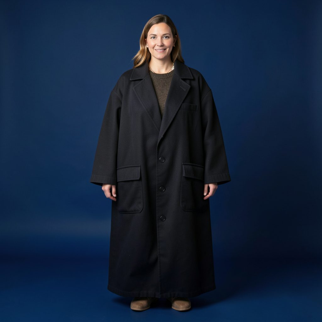 Gilet long oversize noir avec poches plaquées présenté sur fond neutre de studio