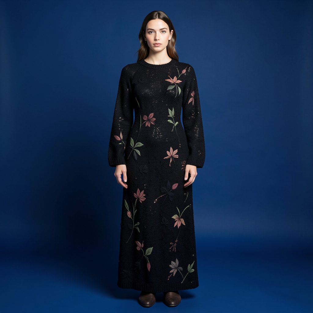 Robe noire à manches longues et tricot fin, présentée sur fond neutre de studio