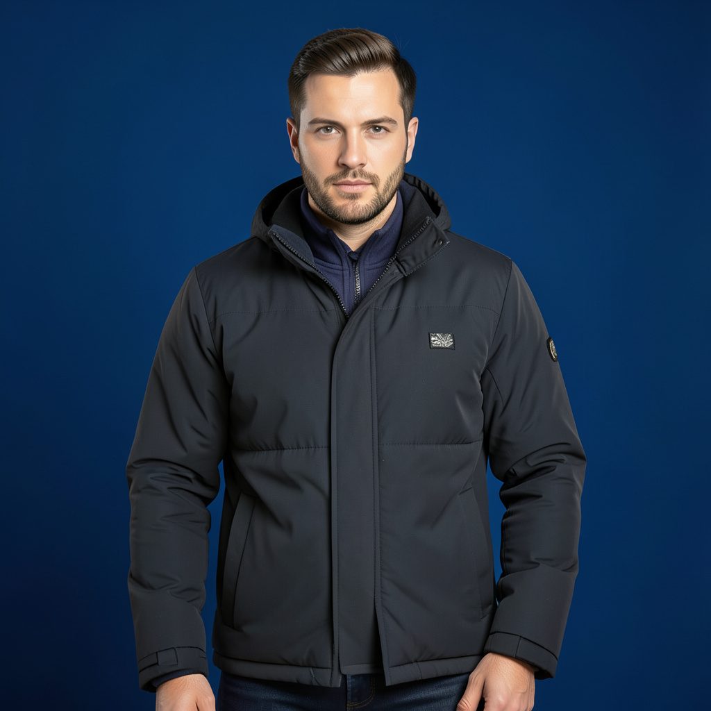 Veste sombre structurée présentée sur fond uni, lumière douce de studio