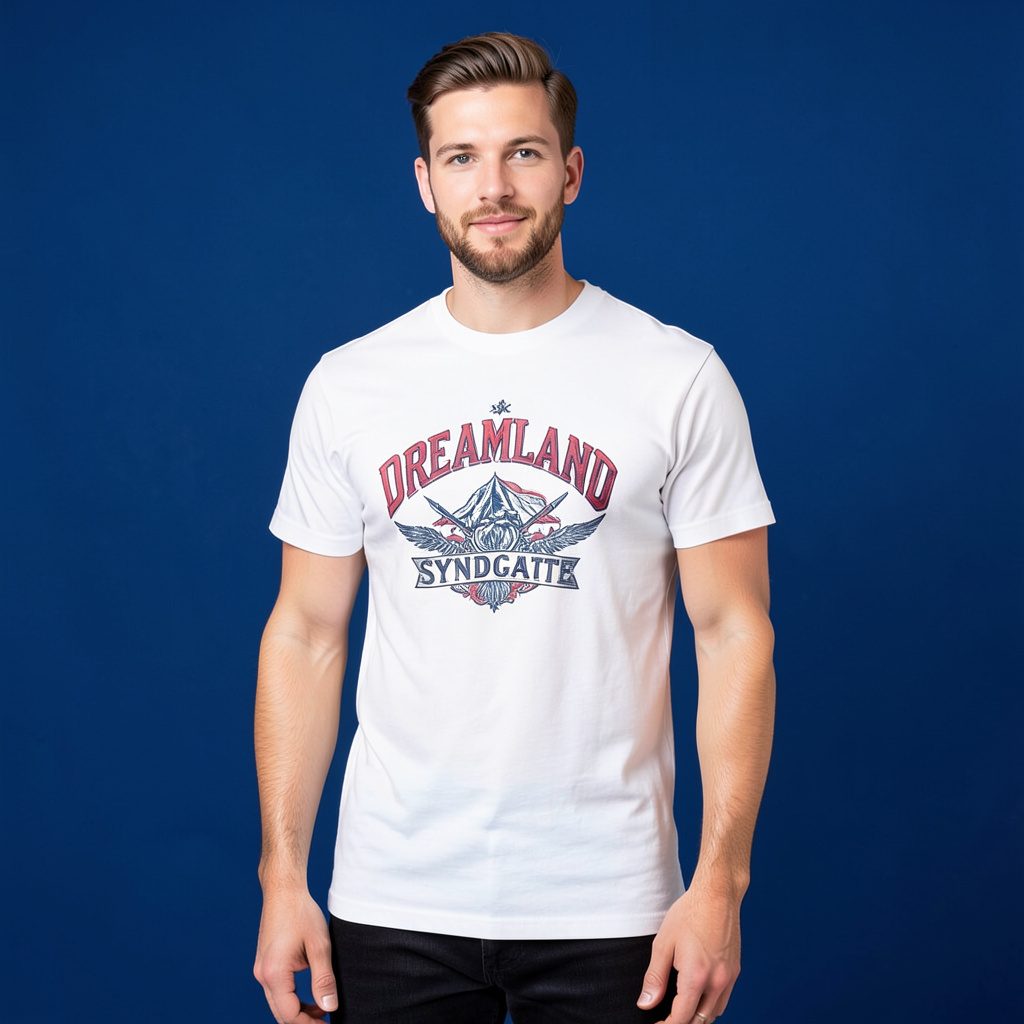 T-shirt blanc imprimé posé à plat sur fond clair, ambiance épurée